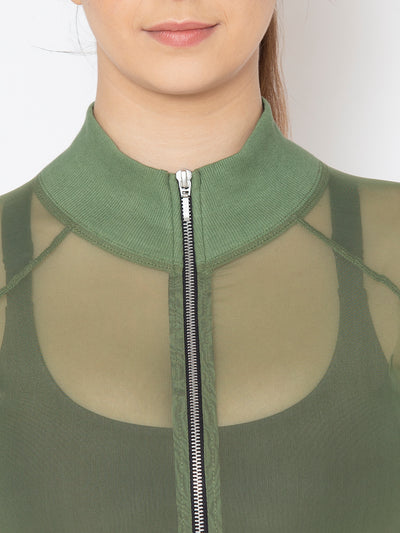 Front Zipper Mesh Sweatshirt – Olive
